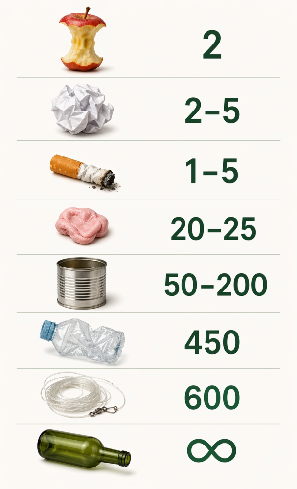 Een van de grootste problemen van zwerfvuil is dat veel materialen lange tijd nodig hebben om af te breken.
